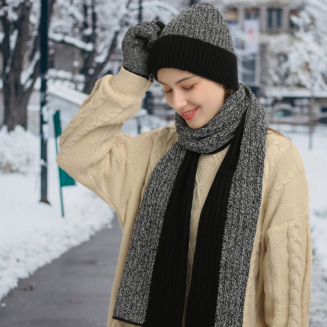 Juego de 3 guantes de bufanda de invierno para hombres y mujeres, calentador de cuello solitario, gorro de punto, guantes para pantalla táctil, gorro de lana con forro polar, 3