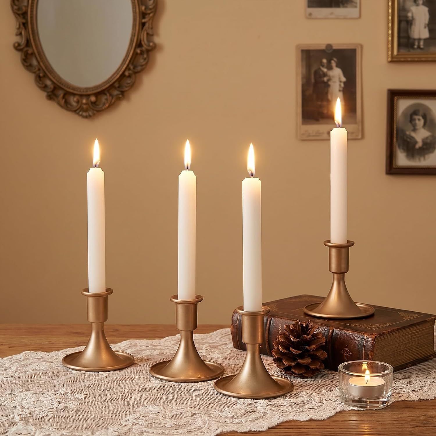Set of 12 Gold Candle Holders, Vintage Small Iron Candlestick Holders for Wedding Centerpiece, Christmas Birthday Party Holiday Dining Table Decor