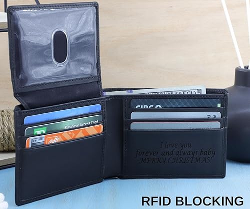 Miniatura 9 de Men's Real Leather Custom Bifold Wallet, RFID Blocking Customized Wallet with ID Window, Genuine Leather Credit Card Holder for Men with Gift Box