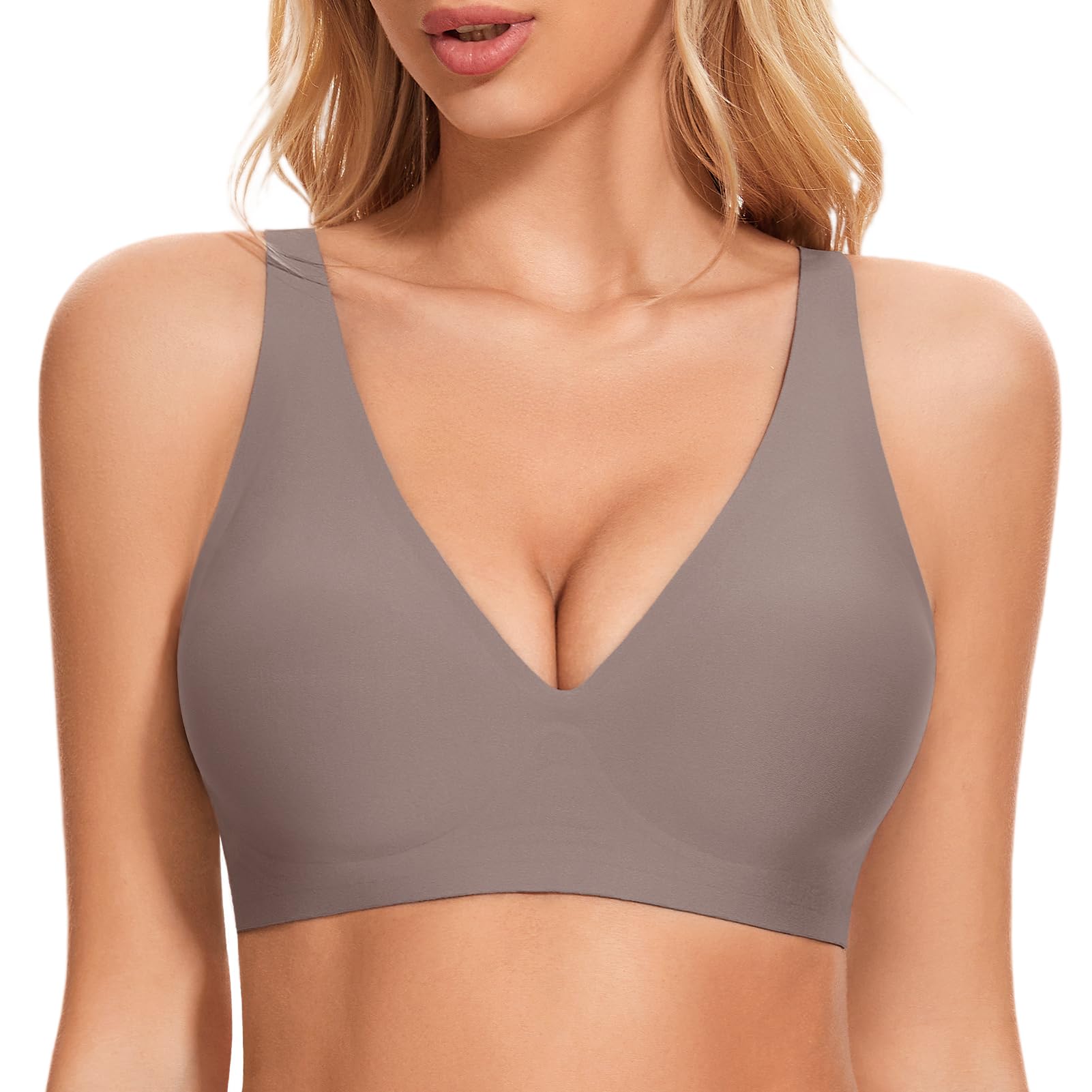 JOYTREE Glatter Damen BH mit Tiefem V-Ausschnitt Klassischer Nahtloser Bügelloser Soft Seamless T-Shirt und Schlaf BH mit Zusätzlicher Verlängerung