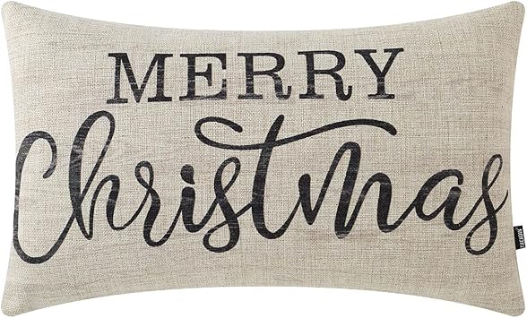 TRENDIN Merry Christmas Lumbar Pillow Cover 12x20 Inch for Winter Decor Wood Grain Look Couch Sofa Pillowcase Linen PL699TR