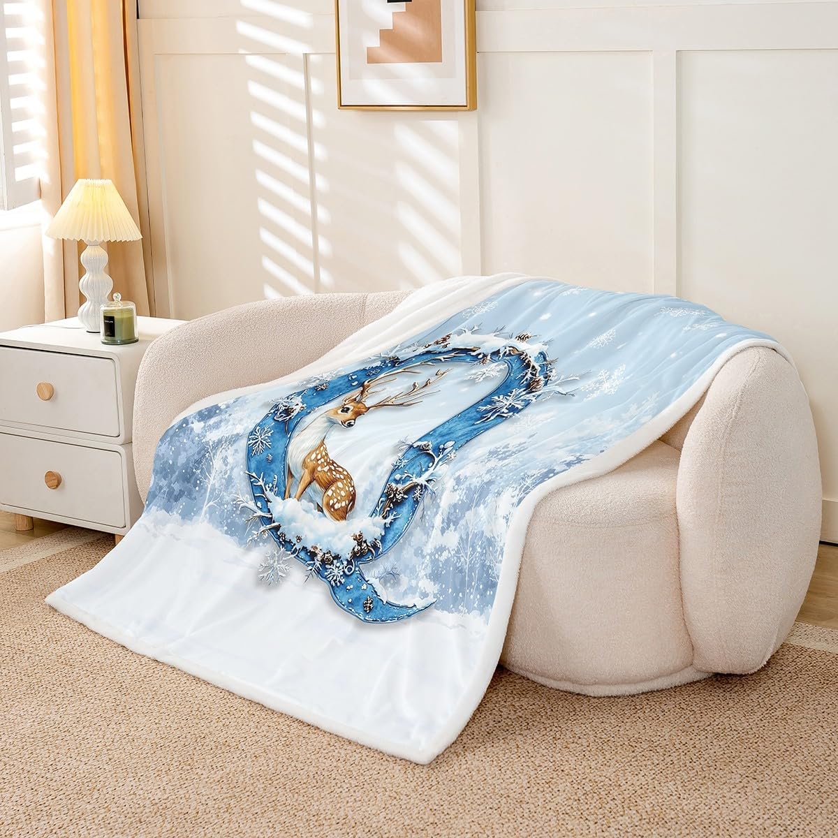 Erosebridal Personalized Letter Sherpa Blanket for Kids Christmas Tree Twin Size Fuzzy Plush Throw Xmas Deer Snowflake Fleece Blanket for Girls Women Teens Monogram Letter Decor for Bed Couch