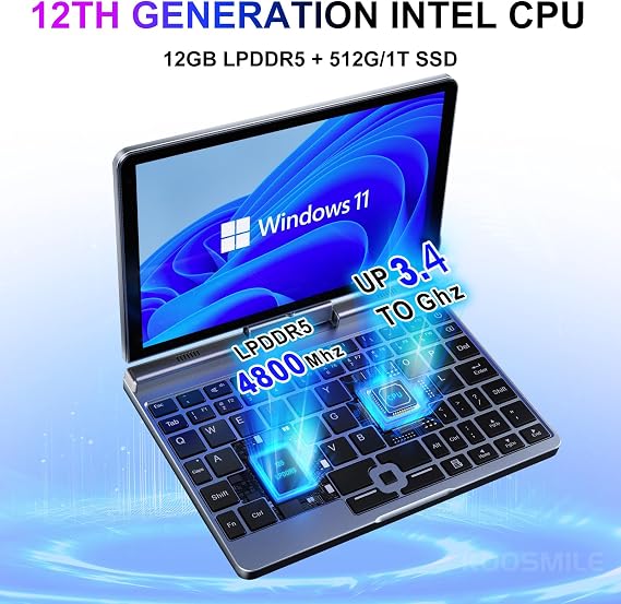 Mini Laptop,8 inch HD Touch Screen Mini Computer Win11 Pro,N100 4 Cores 2-in-1 Pocket PC 12GB LPDDR5 RAM 1TB M.2 SSD, Gigabit | Wi-Fi 6 | BT5.2 | 2MP Camera | G-Sensor | HDMI