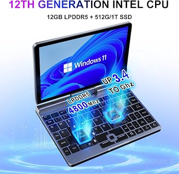 Mini Laptop,8 inch HD Touch Screen Mini Computer Win11 Pro,N100 4 Cores 2-in-1 Pocket PC 12GB LPDDR5 RAM 1TB M.2 SSD, Gigabit | Wi-Fi 6 | BT5.2 | 2MP Camera | G-Sensor | HDMI