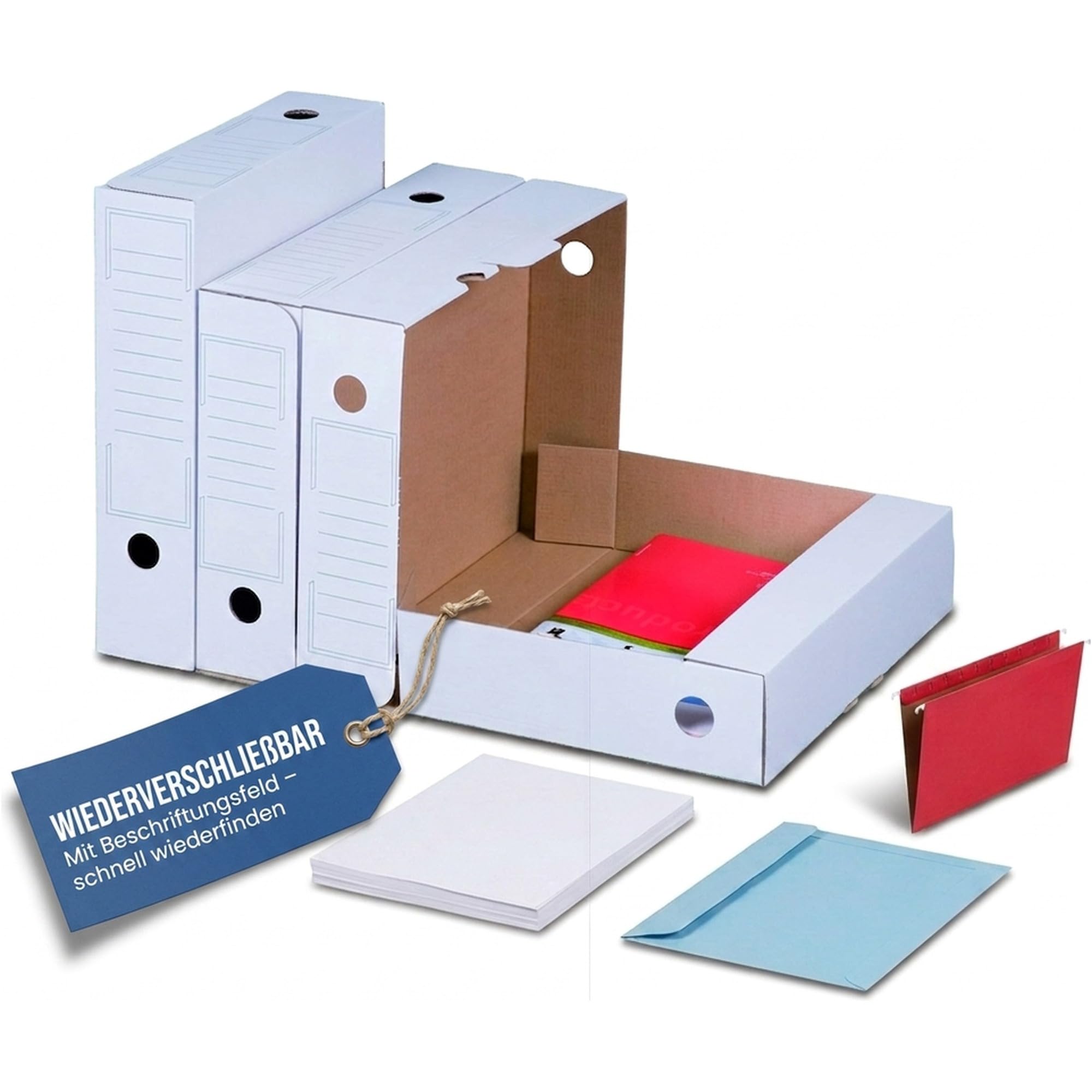 KK Verpackungen Archivbox Weiß | 20 Stück, 250 x 70 x 317 mm | Wiederverschließbare Ablageboxen mit Beschriftungsfeld | Aktenkarton mit Griffloch, Einstecklasche, 7,5 cm Rückenbreite