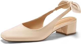 Coutgo Womens Chunky Low Heels Bow Slingback Pumps Closed Square Toe Wedding Party Dress Shoes