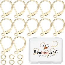Beebeecraft 1 Box 20 Pieces French Earring Hooks 24 K Gold-Plated Earring Hooks 15.6 x 10 mm Earring Clip Earring Connector with 20 Pieces Open Jump Rings for Jewellery Making