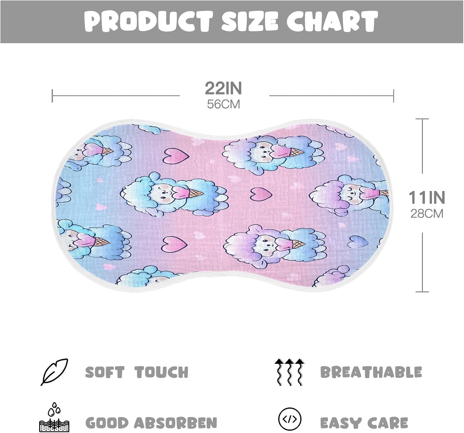 Sheep Heart-Shaped Ice Cream Baby Burp Cloths -4Pcs Soft Absorbent Muslin Washcloths Bibs Face Towel for Newborn Boys Girls 22 x 11 Inch