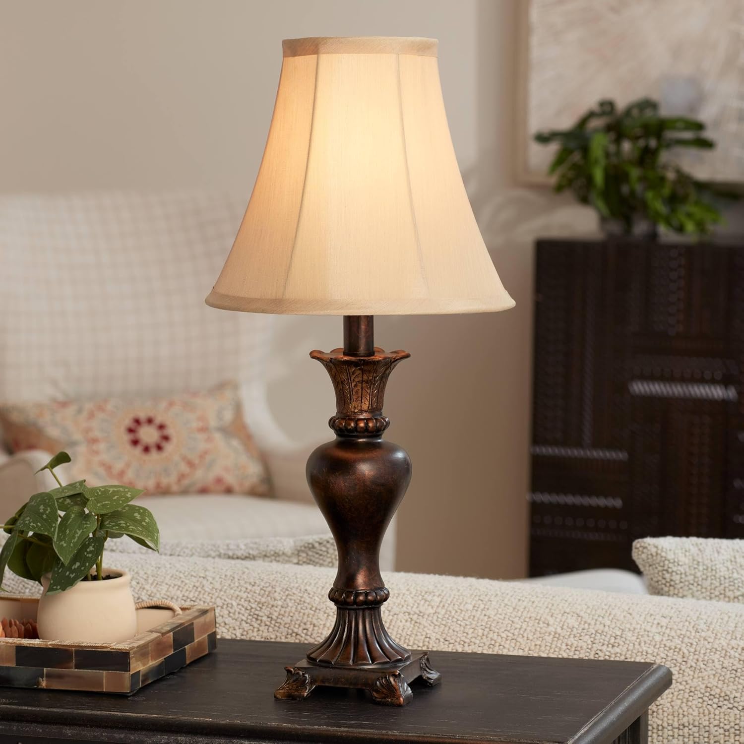 Regency Hill Xavier Traditional Accent Table Lamp 21" High Warm Bronze Brown Urn Footed Base Natural Tone Bell Shade Decor for Living Room Bedroom House Bedside Nightstand Home Office