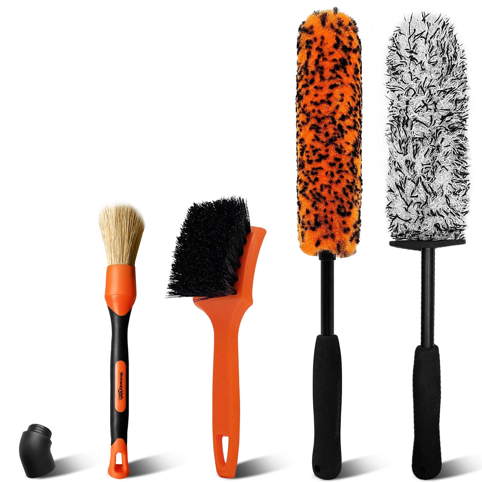 YeewayVeh Wheel Brush Kit, 4 Pack Long Handle Soft Microfiber Tire Cleaning Brush With Detailing Brush for Vehicle Motorcycle Rim Fenders Engine Exhaust Tips, Orange