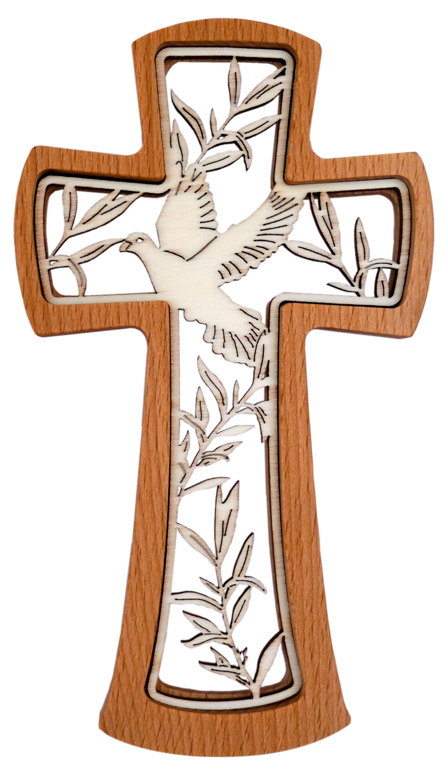 Kaltner Présente Croix murale en bois de hêtre véritable - Croix moderne avec colombe de la paix - 20 cm - Idée cadeau pour toutes les pièces