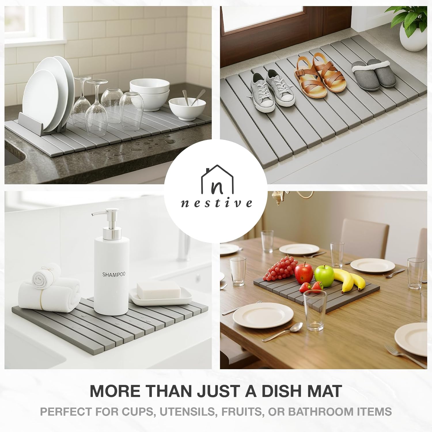 Large Stone Dish Drying Mat for Kitchen Counter, 24"x16", Fast Drying Collapsible, Diatomaceous Earth Mat, Super Absorbent Folding Mat for Dishes, Bottles, Glass, Heat-Resistant, Non-Slip (Light Gray)