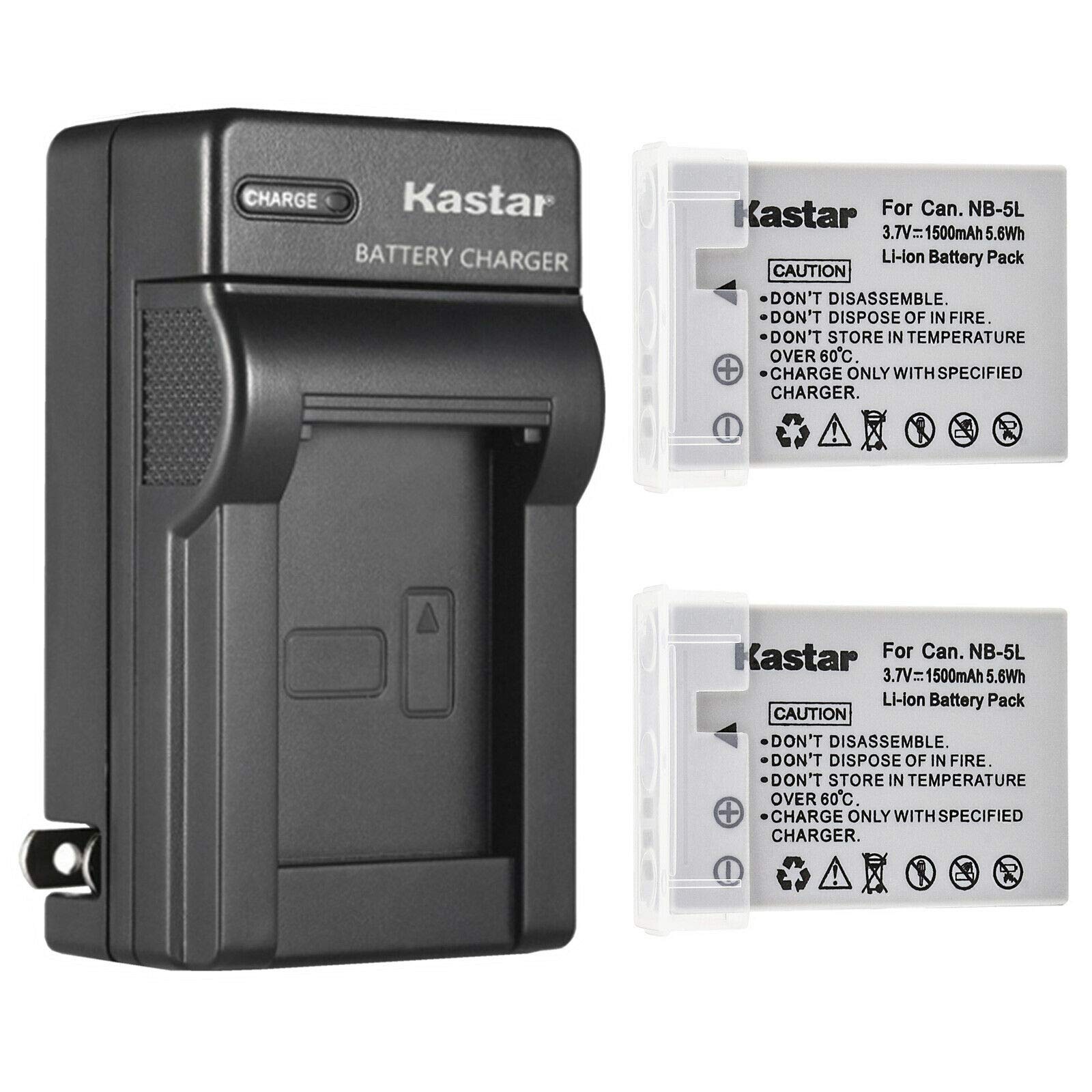 Kastar 2-Pack Battery and AC Wall Charger Replacement for Canon NB-5L, NB-5LH, 1135B001 Battery, Canon CB-2LX Charger, Digital IXUS 850, 860 Cameras