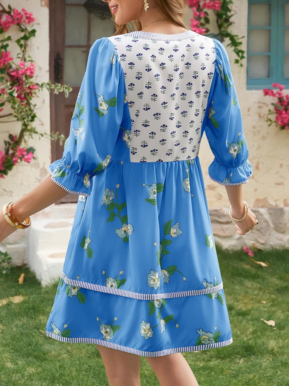 Wenrine Womens Casual Floral Mini Dress Summer Puff Short Sleeve Tie Front V Neck Patchwork Loose Boho Shirt Dresses - Image 3