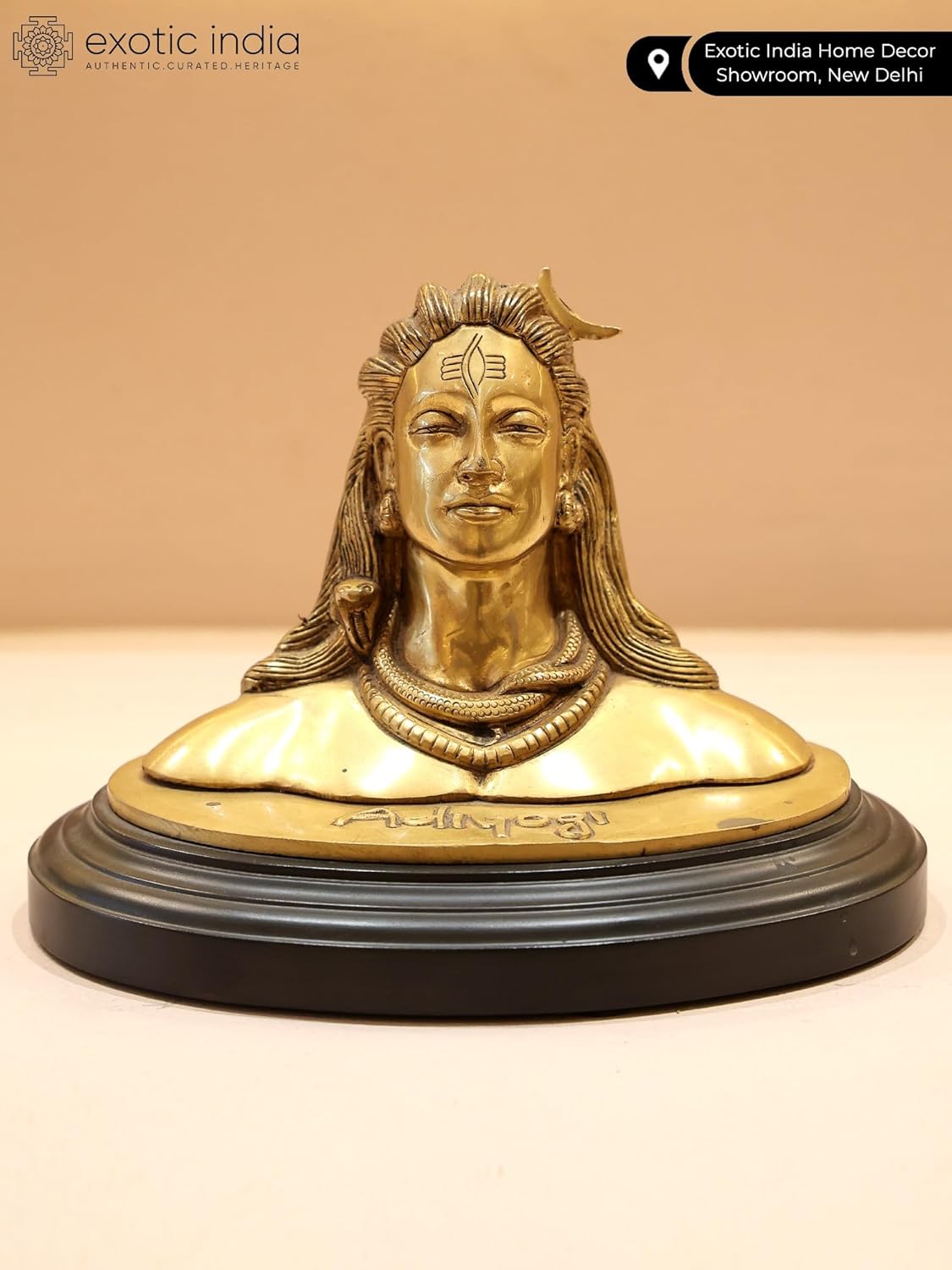 Exotic India 8" Adiyogi Shiva Bust Brass Statue on Wood Base | Lord Shiva Adiyogi for Puja Mandir Room, Temple Home Décor, Maha Shivratri, Table Décor