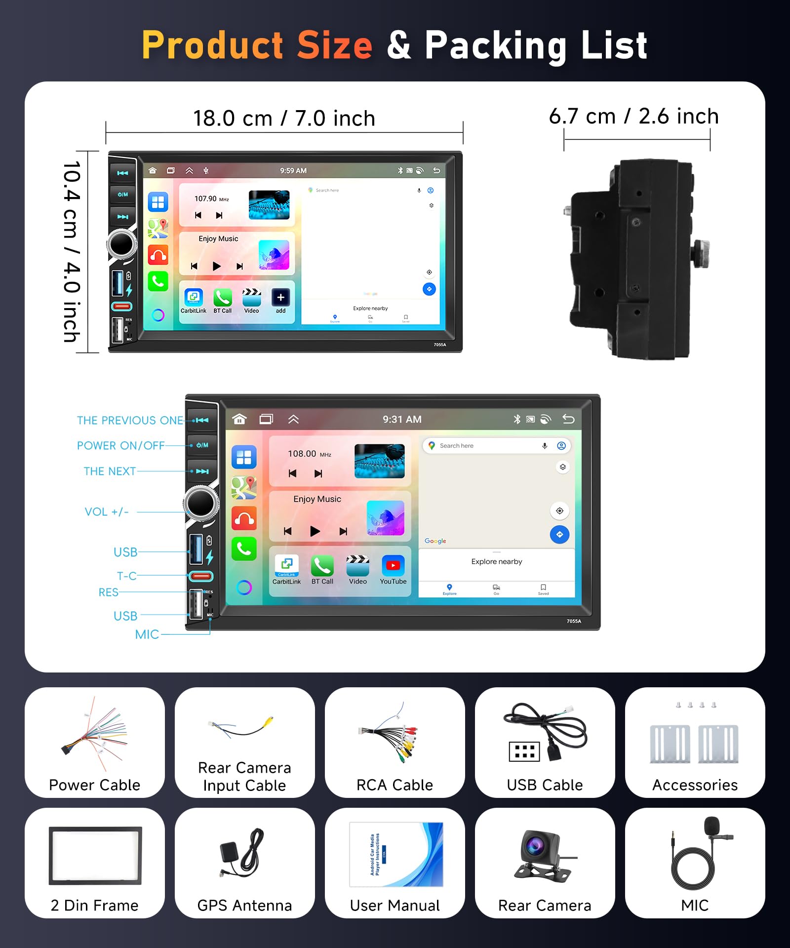 【8 Core 4+64G】2025 Hodozzy Stereo Auto Android 2 Din con Carplay Wireless con 2 USB USB-C, Schermo QLED da 7 Pollici, Autoradio Bluetooth con Android Auto/DSP/WiFi/RDS/FM + Telecamera Posteriore
