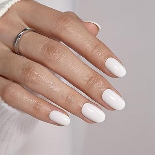 Short Oval Press on Nails, Solid Color Glossy Fake Nail, White Swan | 2+ Weeks Wear, Reusable Everyday Nail, Waterproof & Chip-resistant, Salon-Quality Glue-on Set | 16 Sizes - 32 Pc Soft Gel Kit