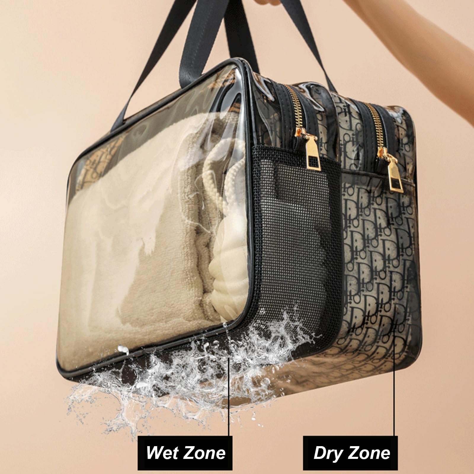Borsa da Toilette Wash Bag da Travel Kit Viaggio, Trousse Pochette Trucchi Donna per Viaggio, in PVC Trasparente, con Scomparti, Manico Allargato, Cerniera in Metallo, Compatta