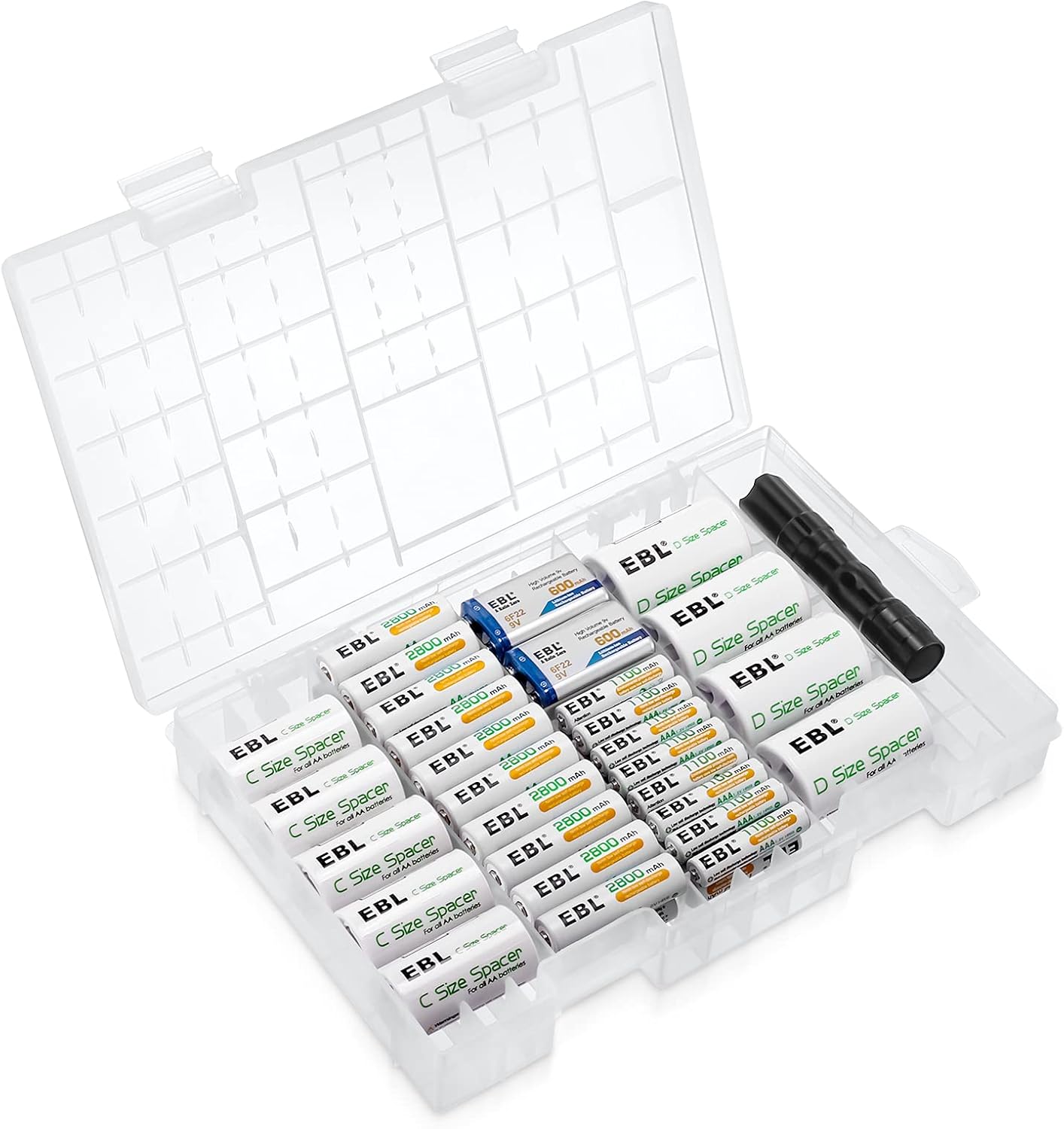 EBL Rechargeable Batteries Combo Include: 2800mAh AA 20 PCS, 1100mAh AAA Size 16 PCS, C Size Battery Spacers 5 PCS, D Size Battery Spacers 4 PCS, 2 PCS 9V Battery, and a Small Flashlight