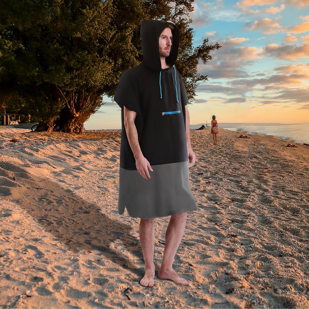 Microfiber Poncho Towel for Adult Surf Beach Wetsuit Changing Towel Bath Robe Hooded Poncho -One Size Fit All (Grey & Black)
