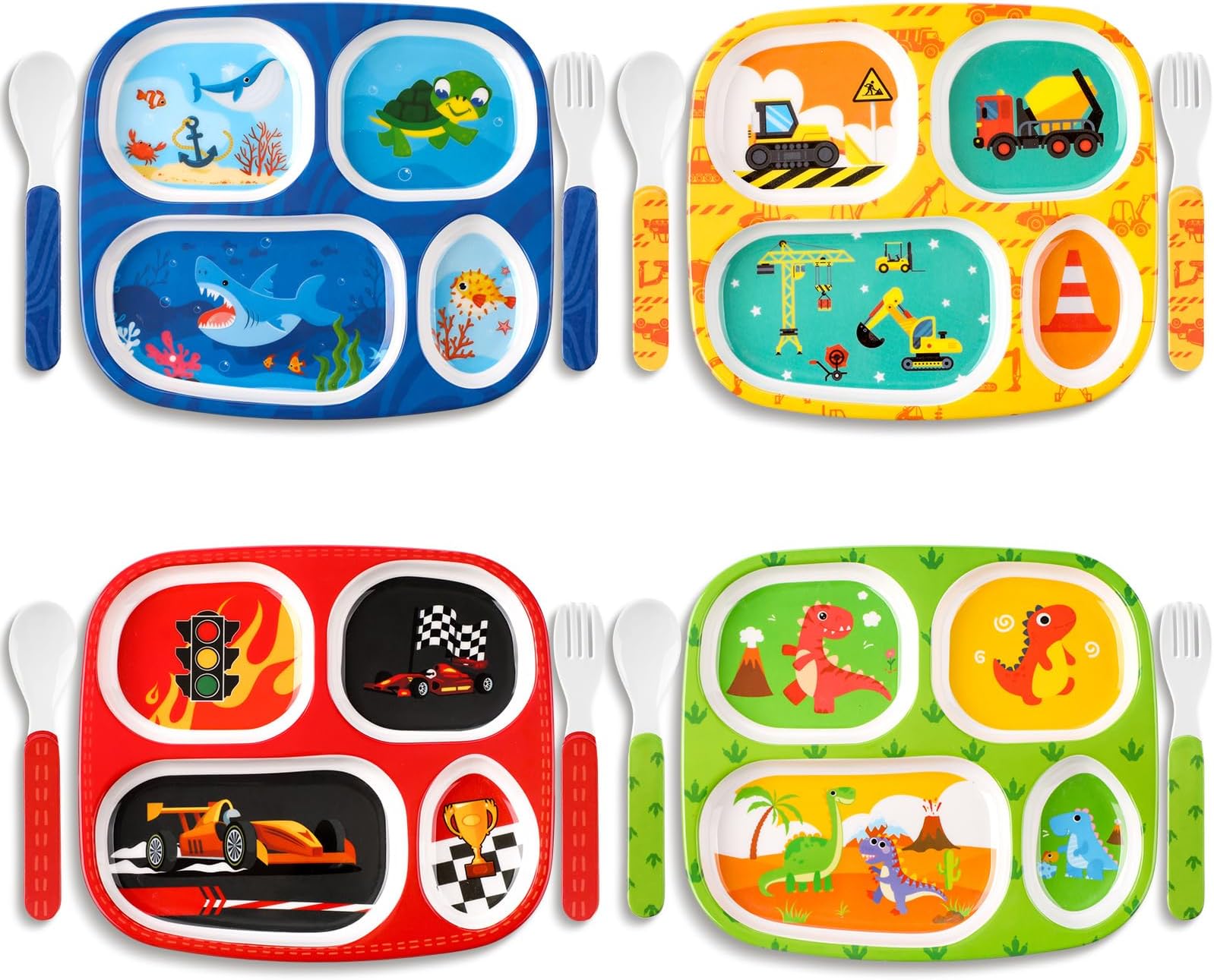 Hoolerry 4 Set Dinner Plate for Kids Boys Girls Dinnerware Divided Plates with Fork and Spoon Elk Shark Dinosaur Vehicle Excavator Unicorn Kids Dishes for Top Rack Dishwasher Safe(Cool)