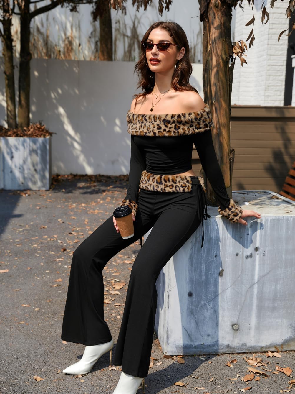 Women 2000s Cheetah 2 Piece Sets Going Out Rave, Off Shoulder Leopard Top Festival, Low Rise Flare Pants Club Outfits - Image 7