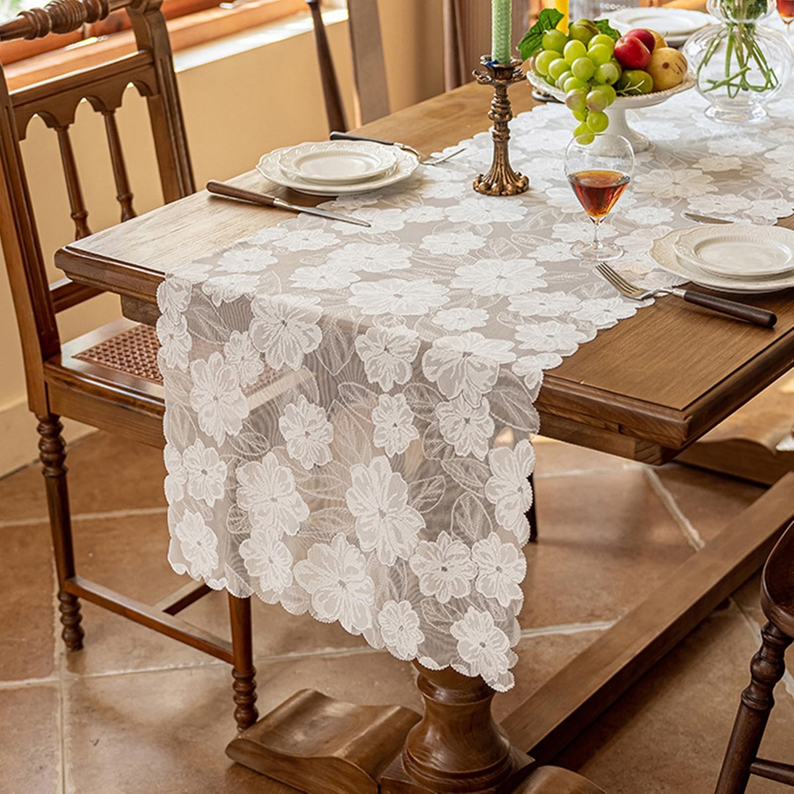 Tischläufer Polyester Landhausstil, Tischläufer Wohnzimmer 45x240 cm, Weiße Spitze mit Floraler Stickerei