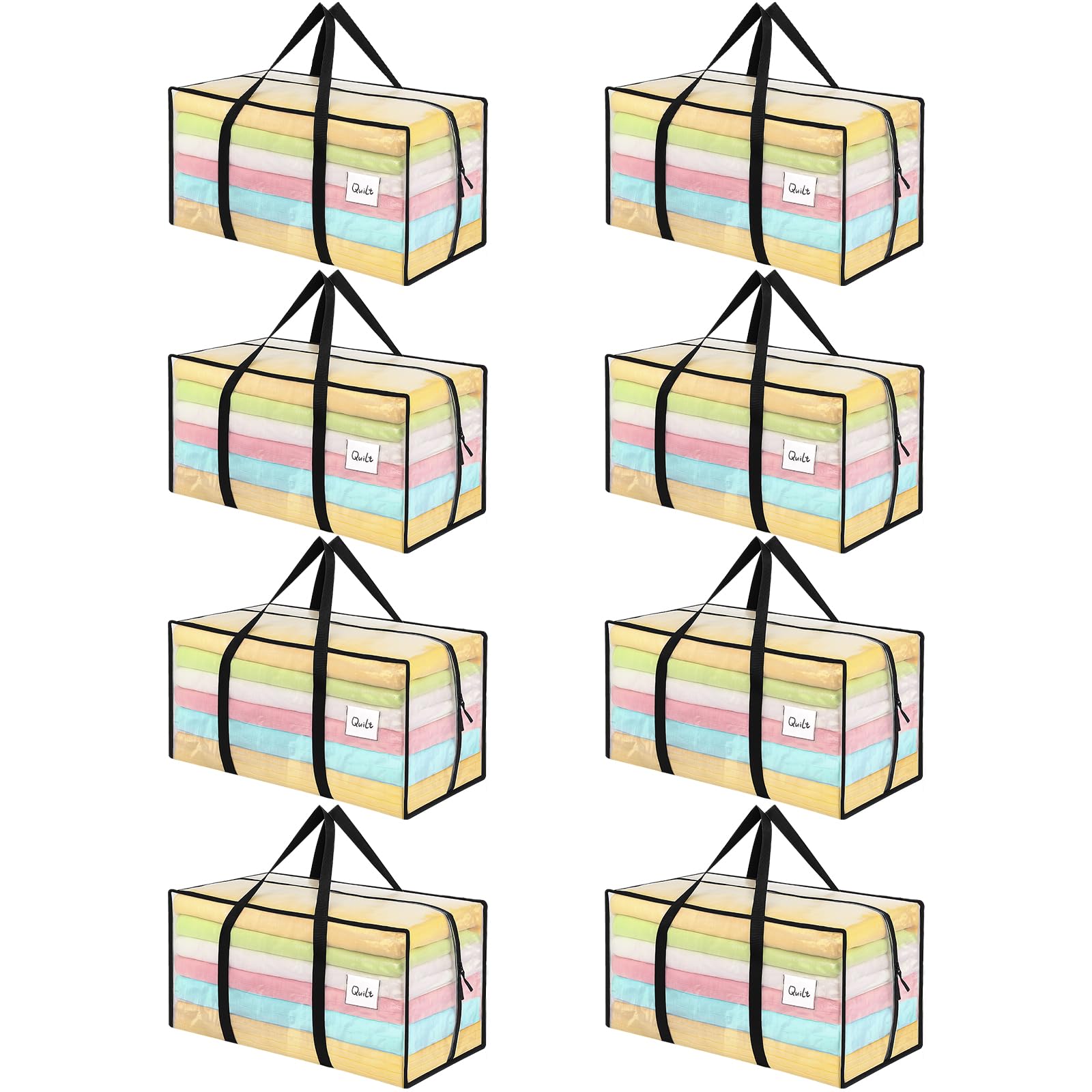 Dntorx Lot de 8 sacs de rangement robustes de 90 l - Boîtes de déménagement transparentes - Avec poignée zippée - Pliable - Boîte de rangement pour déménagement, camping, linge de lit, vêtements