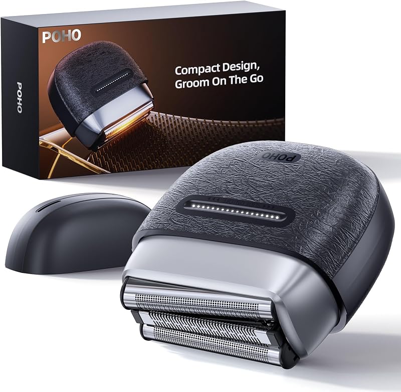 Barbeador elétrico facial POHO com lâminas flutuantes 3D, IPX7, USB-C e trava para viagem, PretoAzul