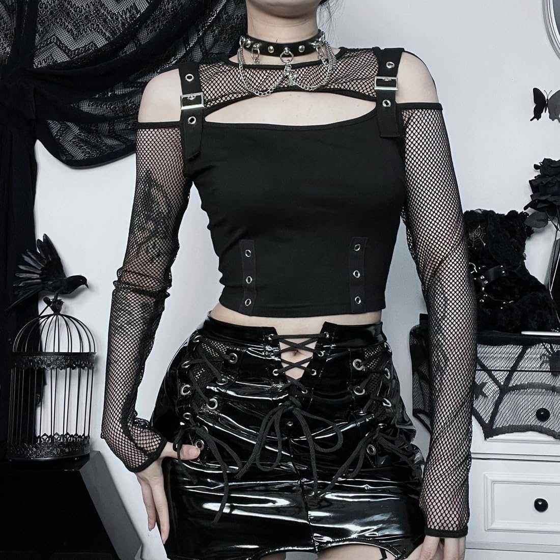 Long Sheer Mesh Sleeve Off Shoulder Women Going Out Goth Tops - Image 2