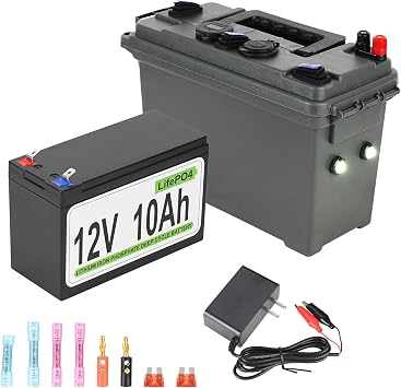 Marine Battery Box with 12.8V 10Ah LiFePO4 Battery, 3 USB Ports and 12V Car Socket, 3 Separate Control Buttons, Waterproof and Shockproof Design for Marine, Kayak, RV, Camping, Off Grid