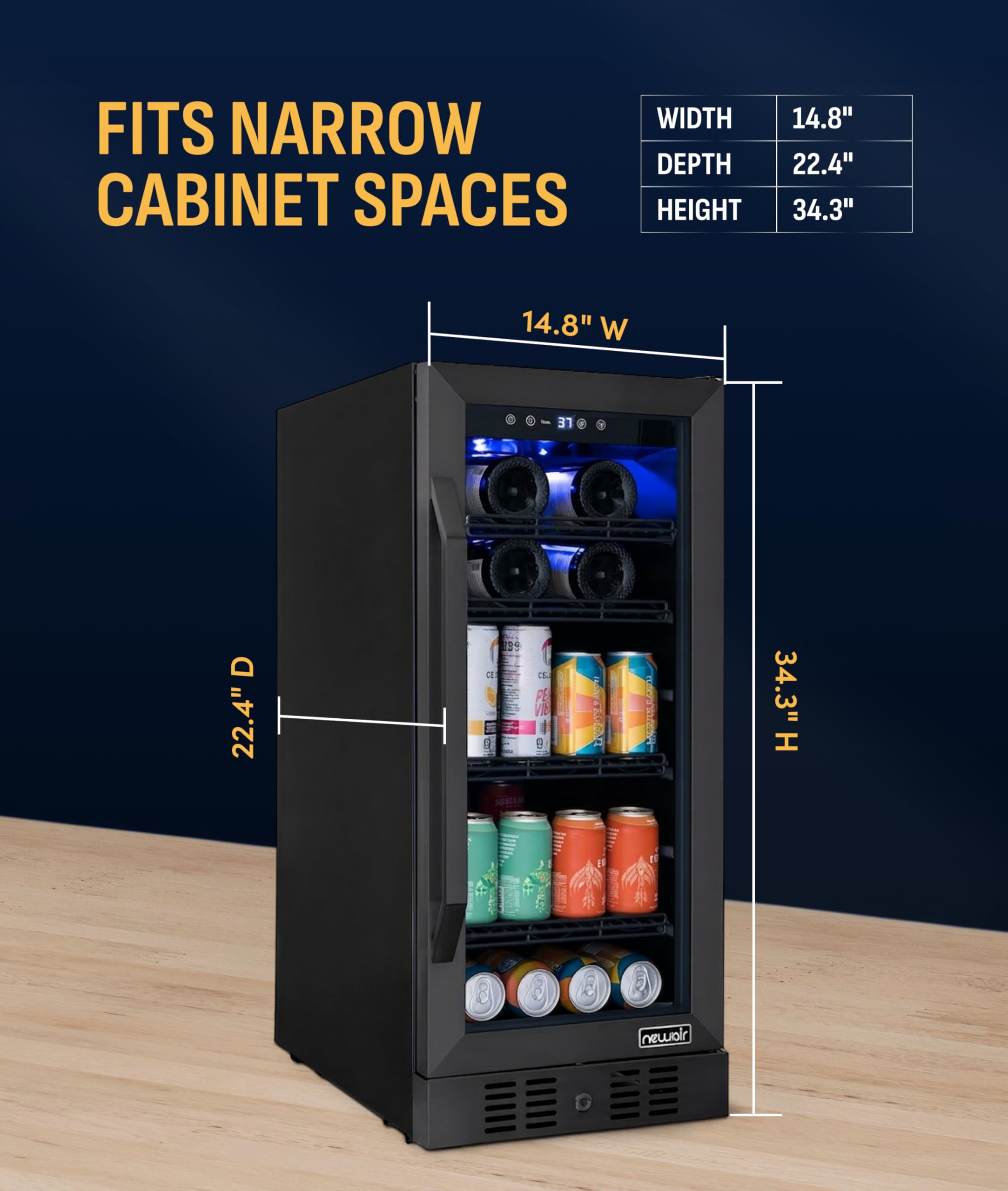 NewAir 15" Single Zone Beverage & Wine Fridge | Beverage & Wine Refrigerator For 33 Bottles / 80 Cans | Freestanding Or Built-In Under Counter Mini Fridge For Beer, Wine & Soda | Black Stainless Steel on Fridge.com - View 4