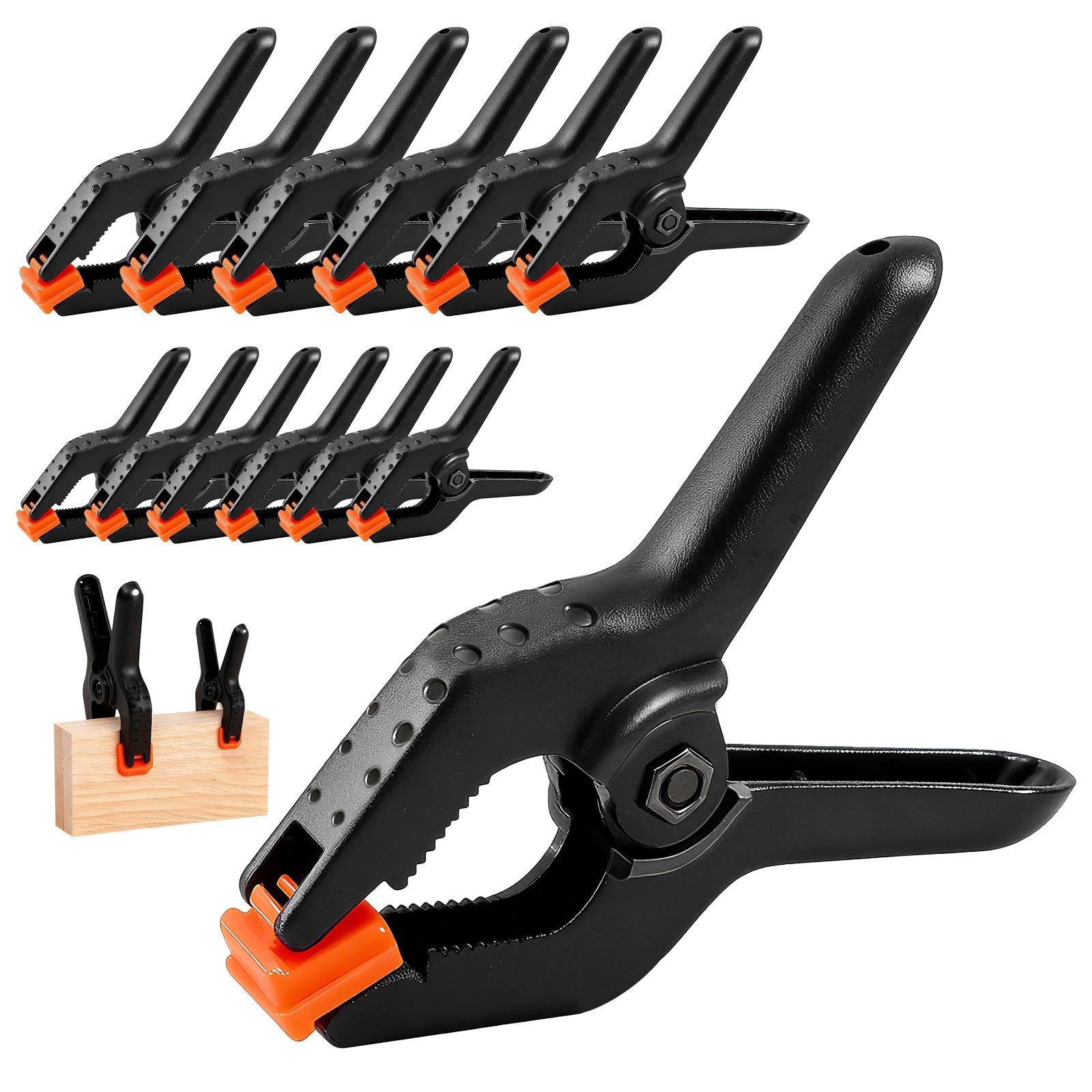 12 Pack Spring Clamps, A Type Plastic Clips with Swivel Jaw Pads, 6 Small and 6 Large Sizes for DIY Craft, Photo Backdrop, Fabric and Light Wood Holding