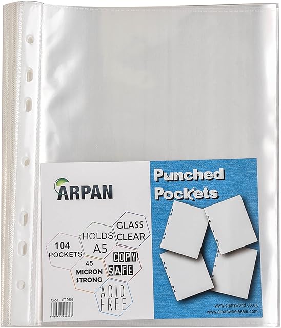Punched Pocket A5 Strong 45 Micron Transparent Poly Wallets Glass Clear 104 Sheet Protector