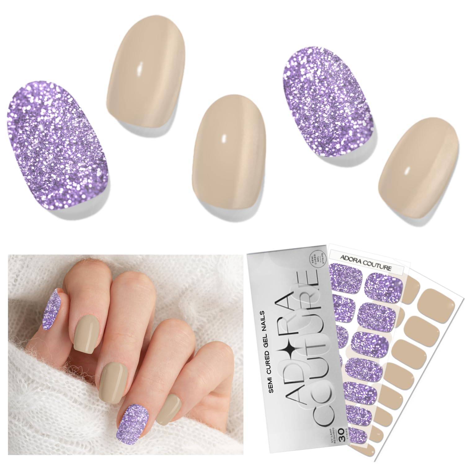 Adora Couture Semi Cured Gel Nail Strips with 30 Pieces, Salon Quality Wraps for Women, Glitter Gold Nude UV Gel Stickers, UV Light Required, Lilac Latte