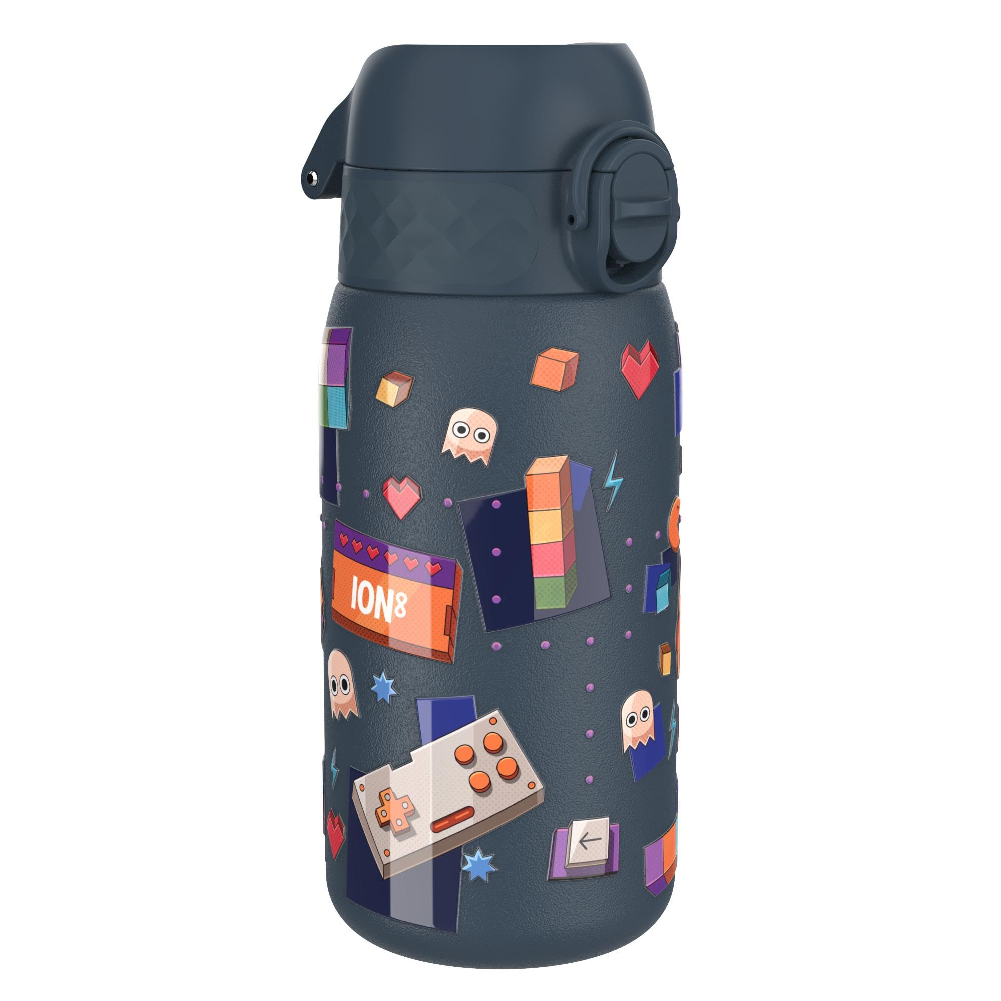 Ion8 Lightweight Steel Kids Water Bottle, 400ml/13oz, Non-Insulated, Leak Proof, Easy to Open, Secure Lock, Dishwasher Safe, Fits Cup Holders, Carry Handle, Metal Water Bottle, Gamer