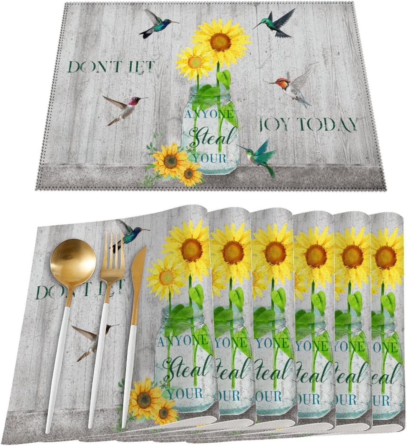 Spring Sunflower Placemats Hummingbird with Saying Don't
