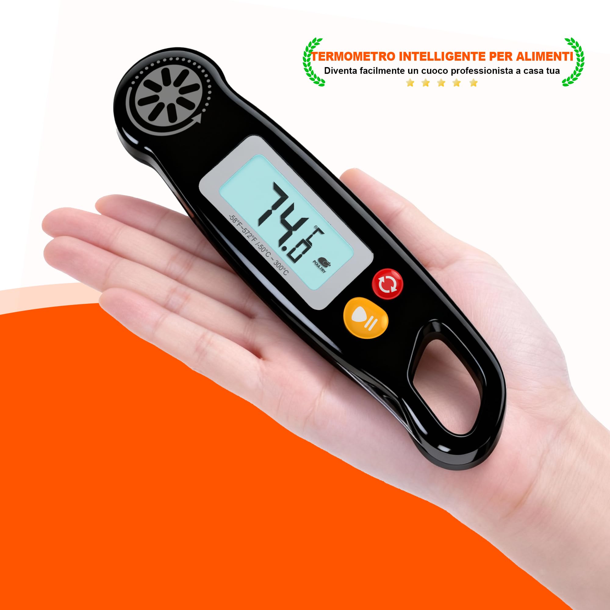 Antonki Termometro da Cucina Digitale con Sonda Pieghevole e Display LCD Retroilluminato, Lettura Istantanea in 3 Secondi per BBQ, Carne, Olio, Latte, Vino, Dolci e Liquidi