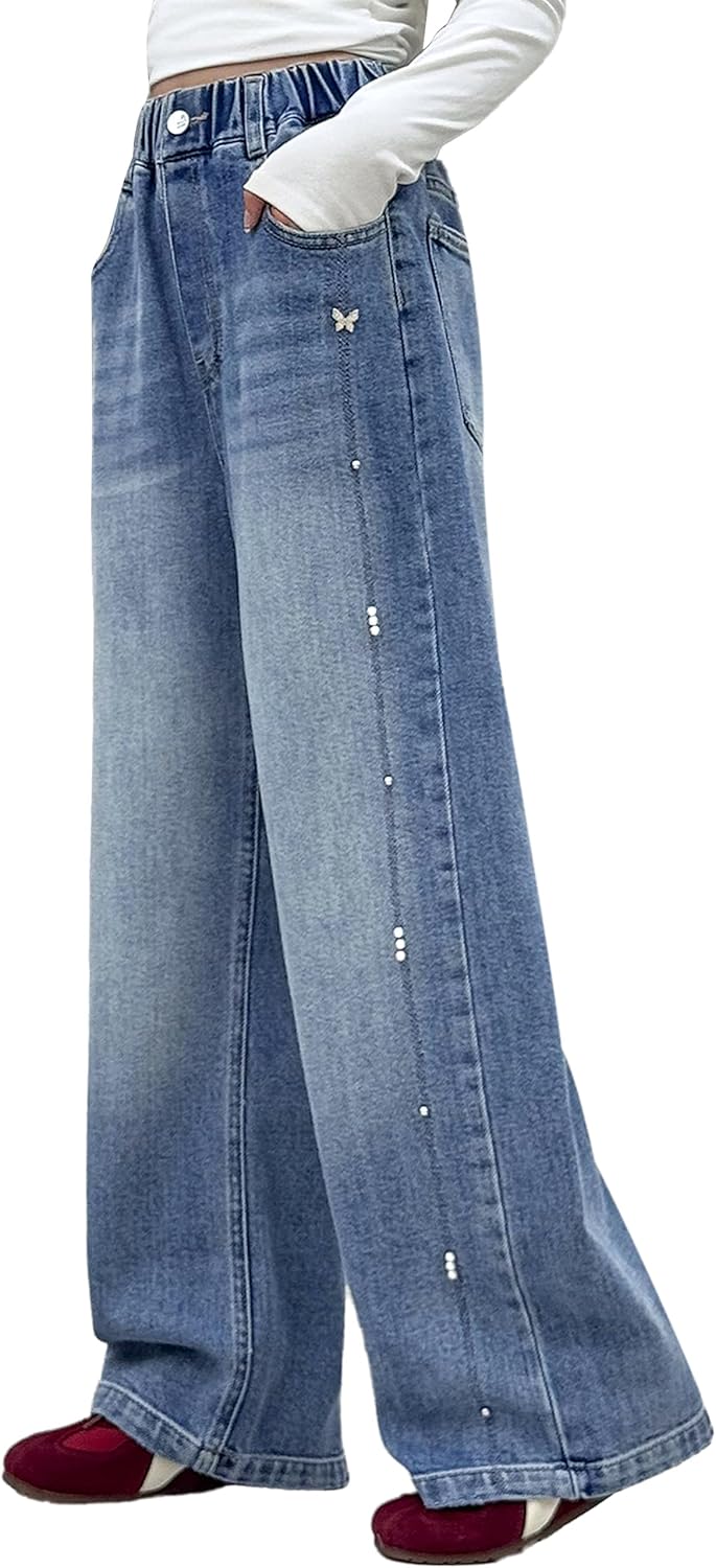 Rolanko Baggy jeans voor meisjes, hoge elastische taille wijde pijpen losse bootcut denim jeans broek voor tieners 6-15 jaar, 10-11 jaar