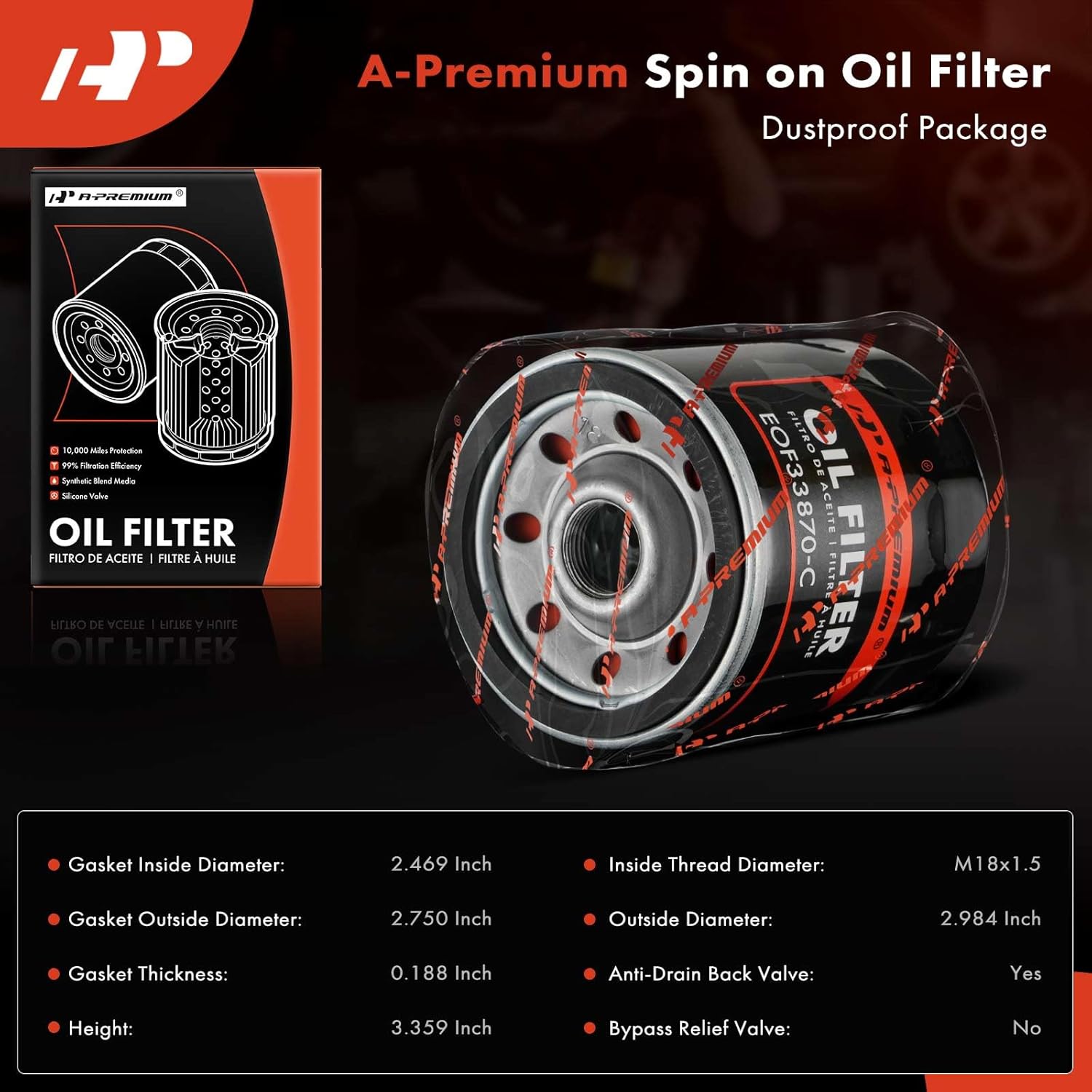 A-Premium 4-PC 10K Miles Protection Spin On Oil Filter Compatible with Chevrolet & GMC & Jeep & Buick & Cadillac & Suzuki & Saab & American Motors & Checker & Daewoo & Oldsmobile & Pontiac & Saturn