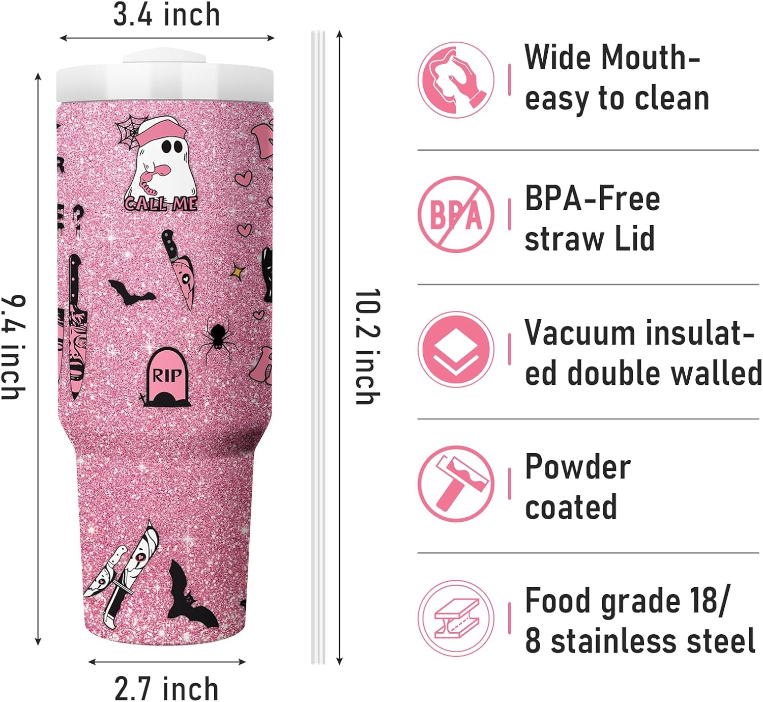 Halloween Scary Mask Tumbler with Lid and Straw 40oz Stainless Steel Travel Coffee Mug Horror Theme Double Wall Insulated Cup Funny Gift for Women Men (Pack of 1) - Image 3