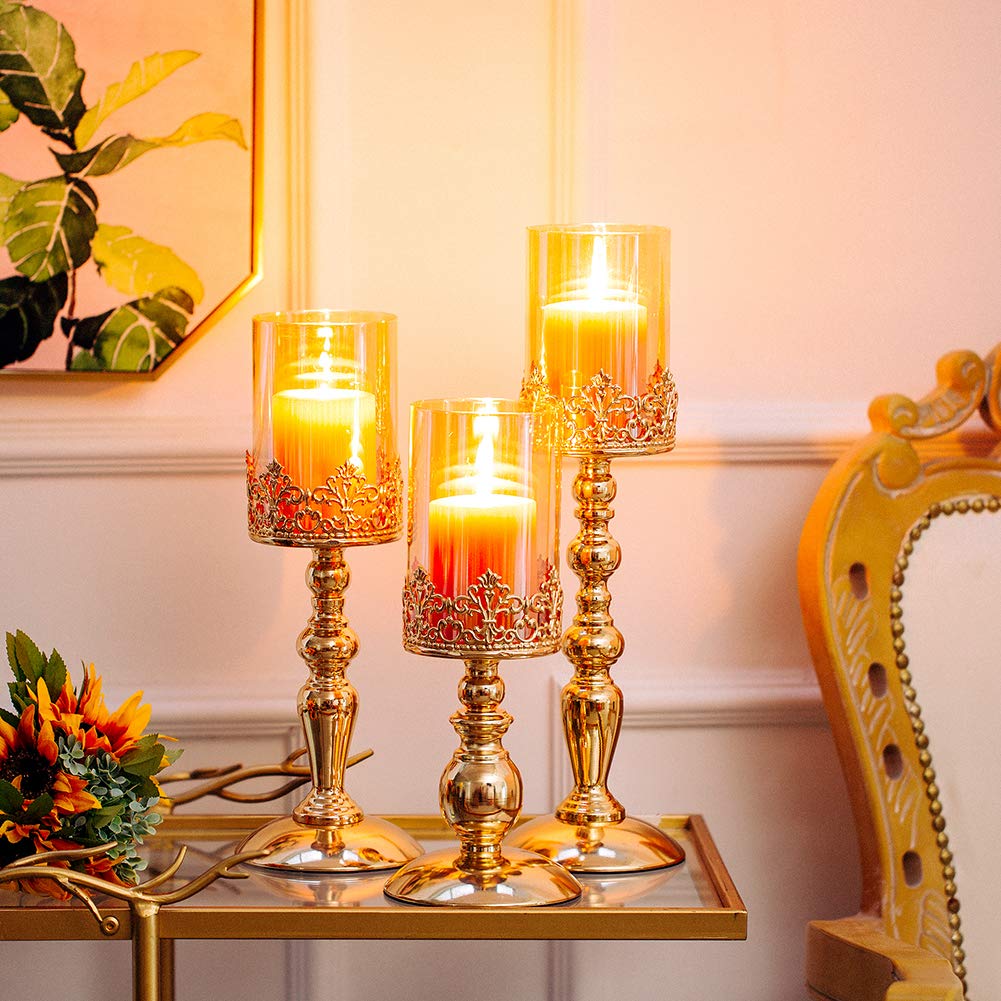 Nuptio Portacandele A Colonna con Vetro, Set di 3 Portacandele in Uragano Oro Regali per Decorazione della Casa, Portacandele A Lume di Candela Centrotavola Anniversario Matrimonio