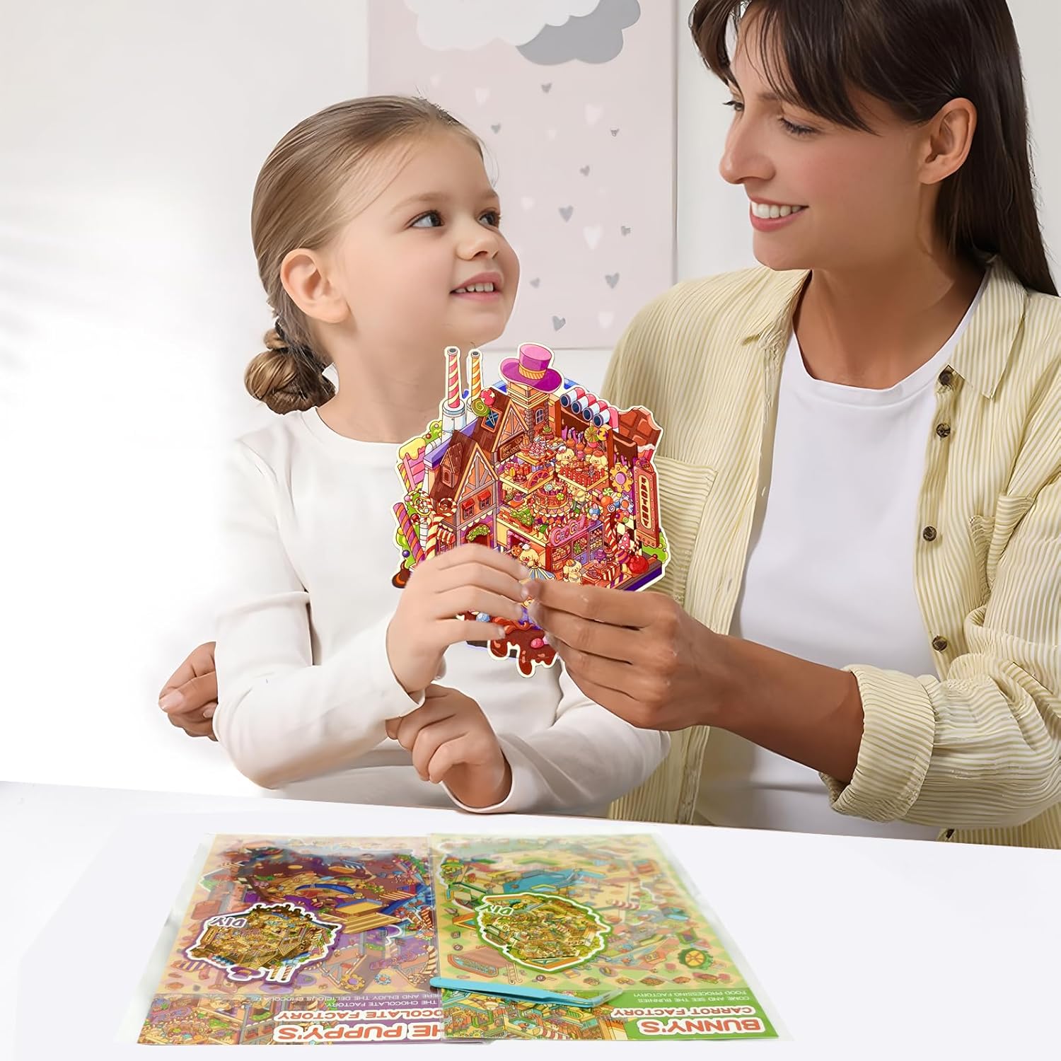 2 Sets DIY 3D Large Rabbit House Scene Stickers with Tweezers Make Your Own Carrot and Chocolate Factory Sticker Scenes Cute Micro Room Stickers for Relief Stress Pass The Time