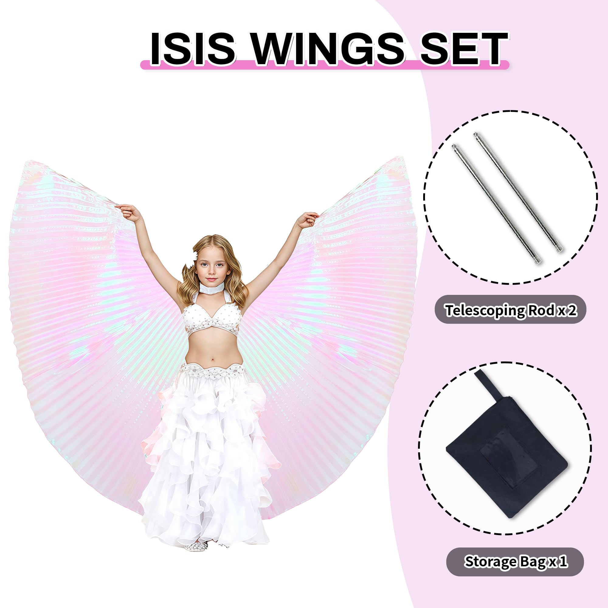 Baisdan Kids Isis Wings (Wings + Stick+ Carrying Bag) Belly Dance Performance Costumes for Girls Pink, Pink/ - Image 3
