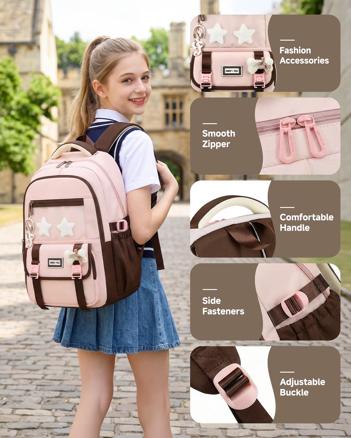 Schultasche Mädchen Schulrucksack Teenager - Wasserdichter Schulranzen für Mädchen - Modischer Rucksack mit Großer Kapazität für Schule Reisen (ab 10 Jahren), Rosa-Braun