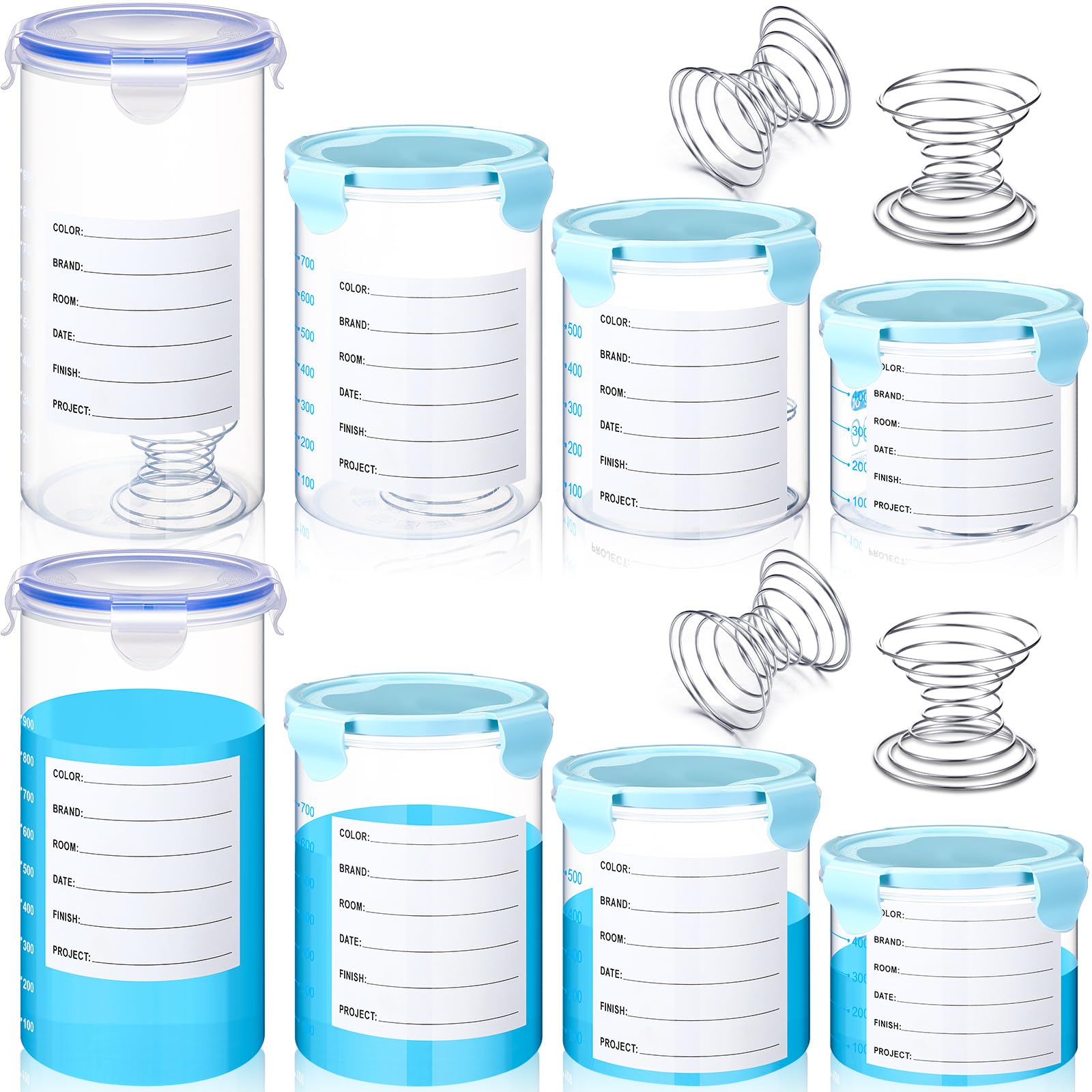 Skylety 8 Set Plastic Paint Container with Lids Airtight Paint Storage Container with Stainless Steel Mixing Ball Touch up Cups(600ml 800ml 1000ml 1500ml,Blue)