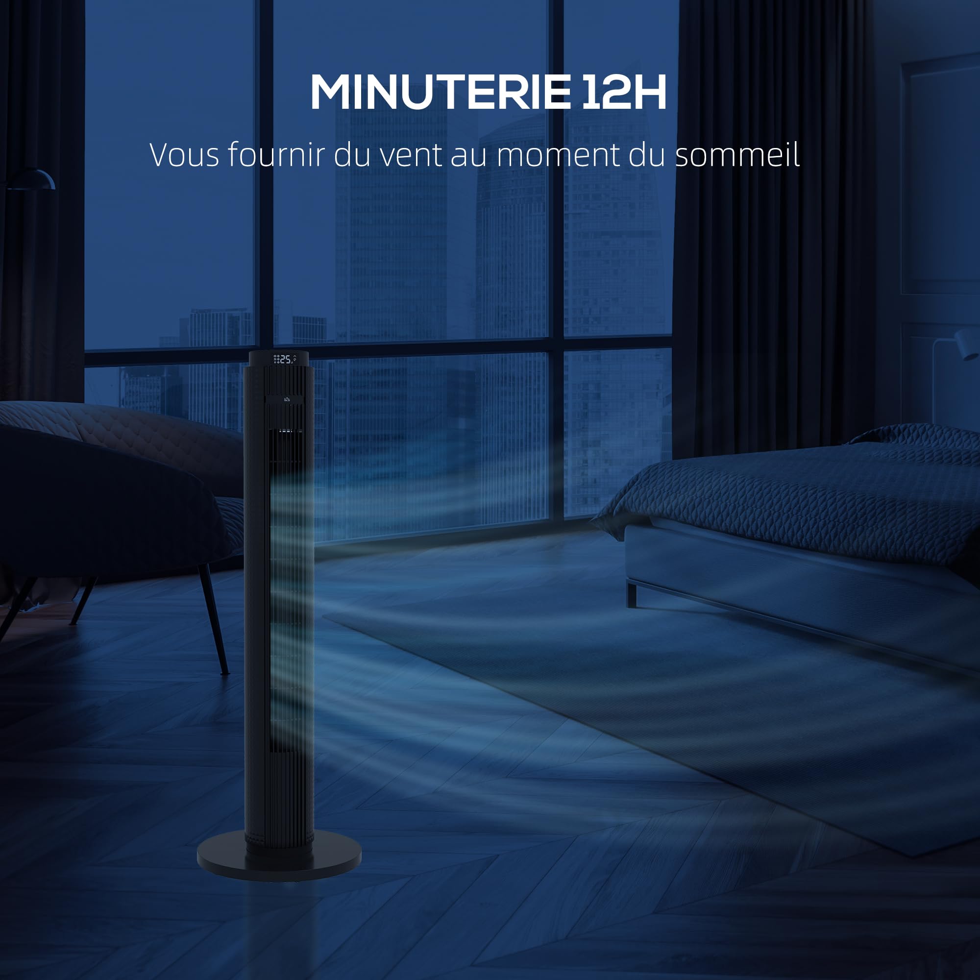 HOMCOM Ventilateur Colonne Silencieux 45 W, Ventilateur Tour pour Chambre à Coucher, 4 Modes, 3 Vitesses, Télécommande, Oscillant 70°, Minuterie 12H, Écran LED et Mode Veille, 96H cm, Noir