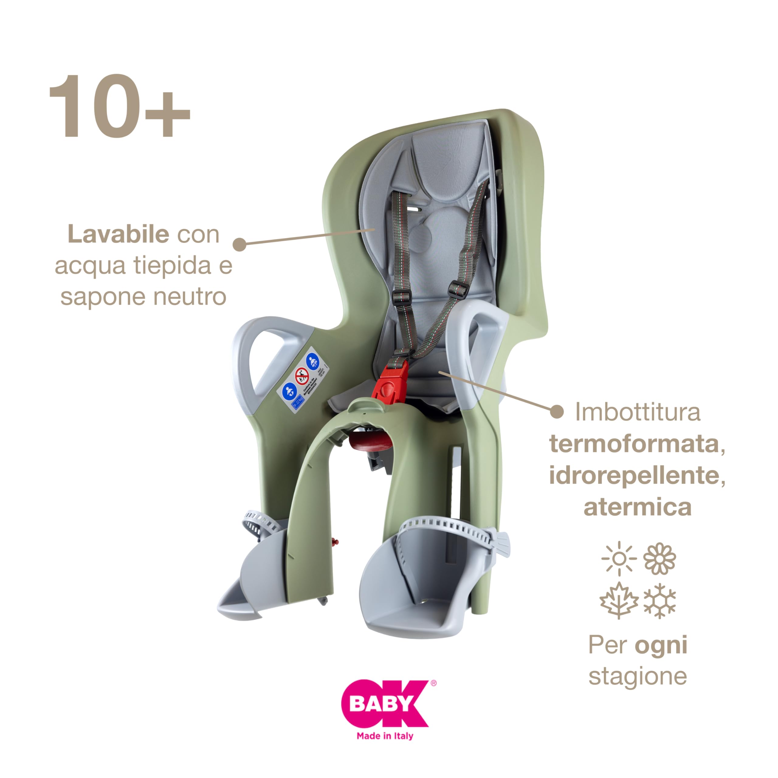 OKBABY 10+ - Seggiolino da Bicicletta Posteriore per Bambini Fino a 22 kg, Reclinabile - Verde Salvia