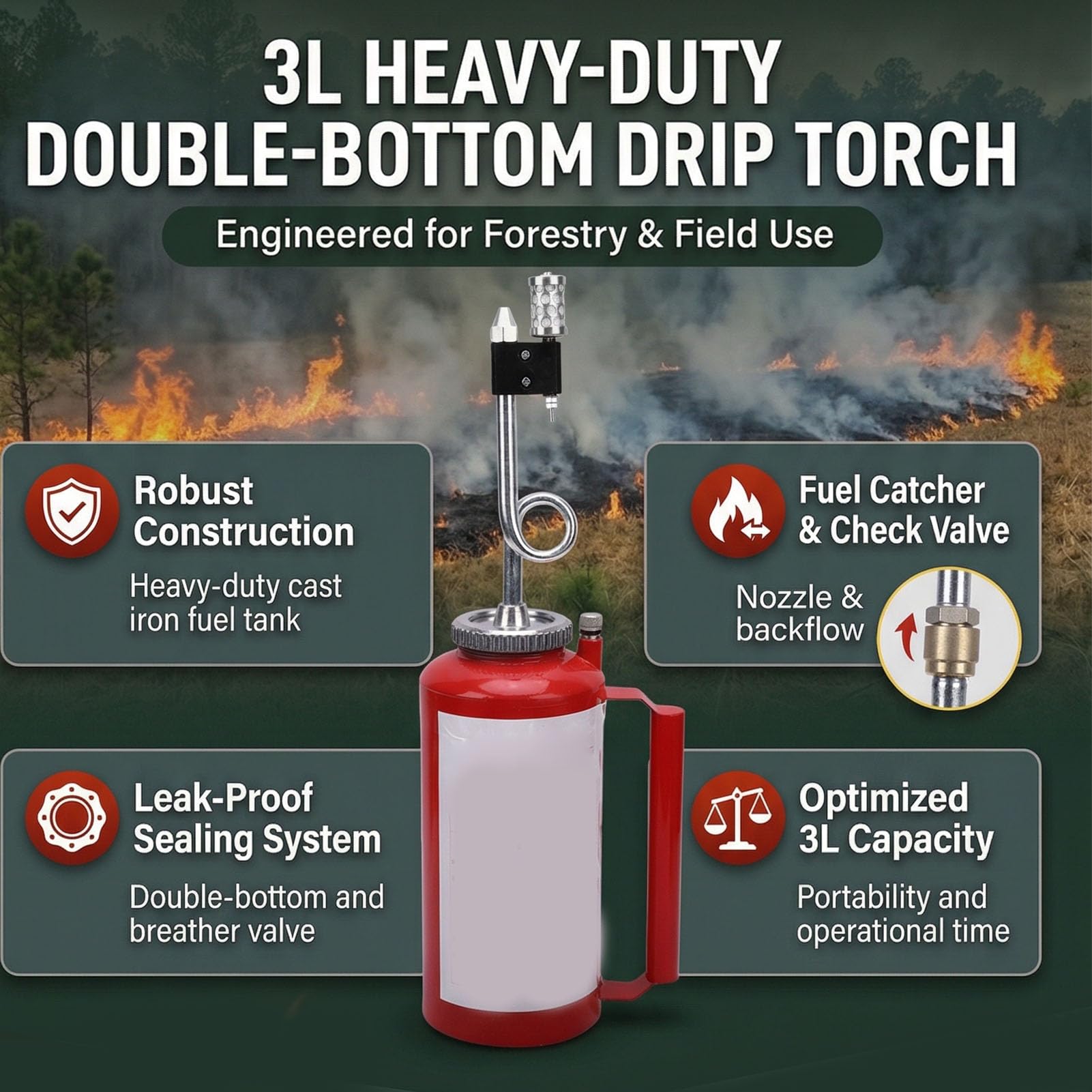 Antorcha de Goteo de Doble Fondo 3L, Antorcha de Goteo de Tanque de Hierro Fundido Resistente con Puerto de Llenado Grande Válvula de Retención del Colector de para Fuego