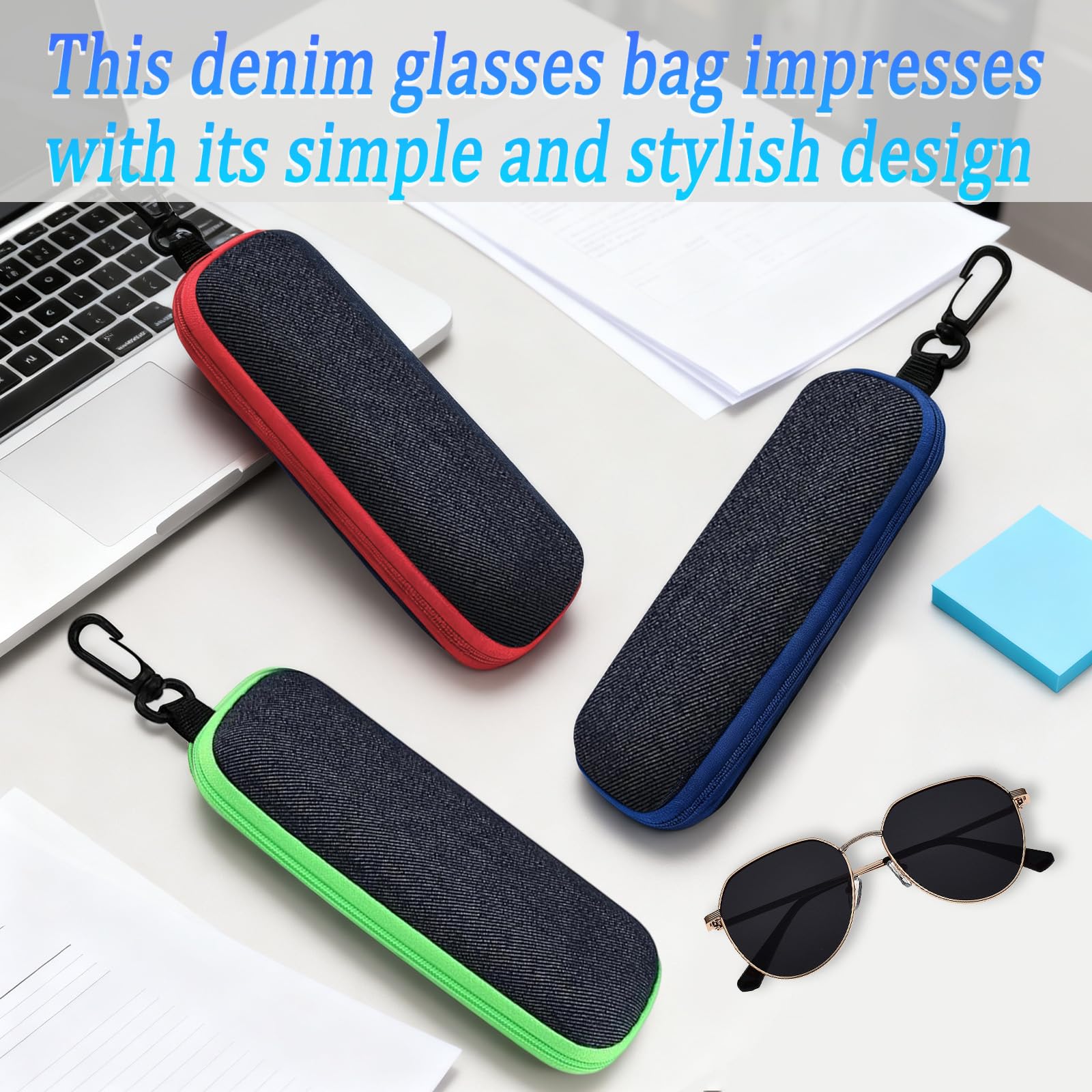 3 sztuki etui na okulary, modne przenośne etui na okulary z zamkiem błyskawicznym i karabińczykiem, w zestawie 6 ściereczek do czyszczenia z mikrofibry, pudełko na okulary, klucze i